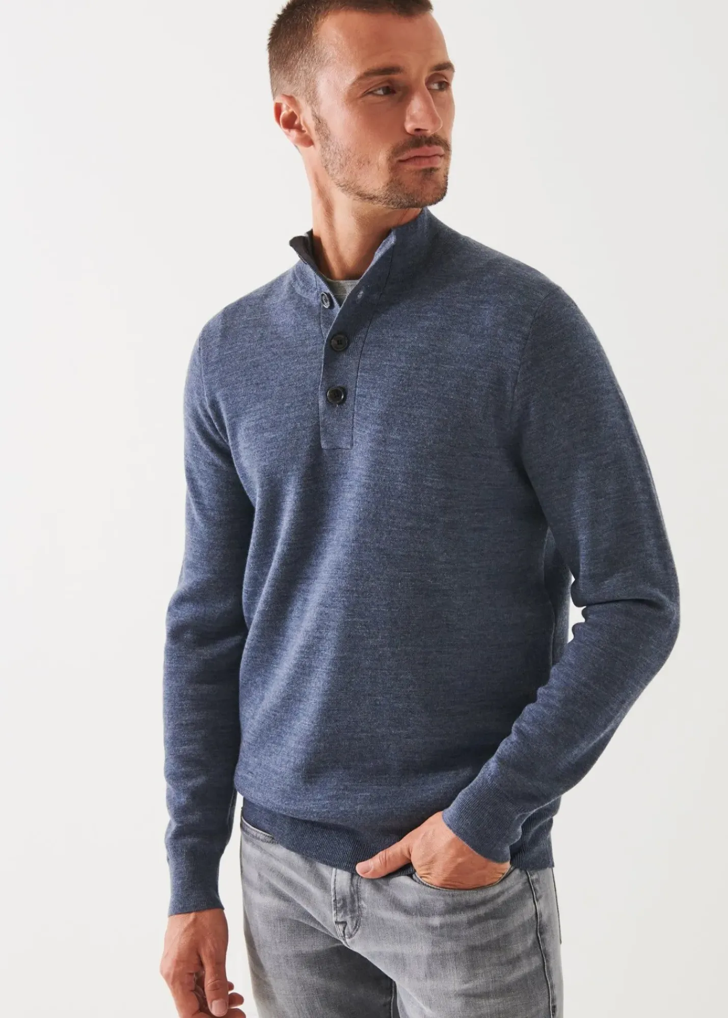 PATRICK ASSARAF Double-Face Button Mock Neck|Men Knitwear