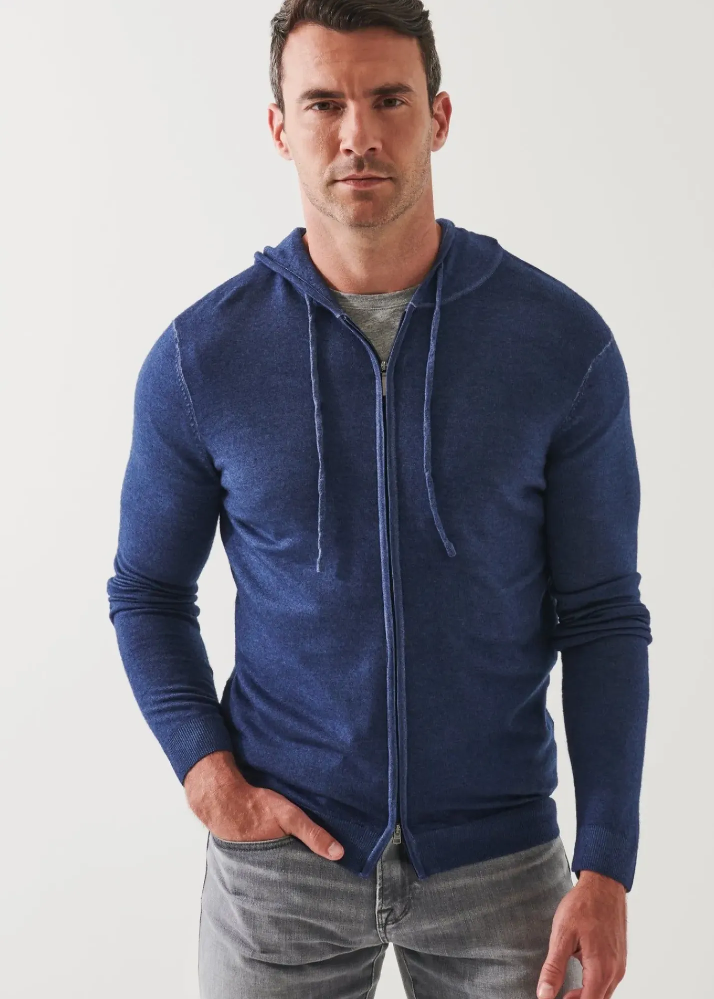 PATRICK ASSARAF Extra-Fine Merino Vintage Wash Full Zip Hoodie|Men Knitwear