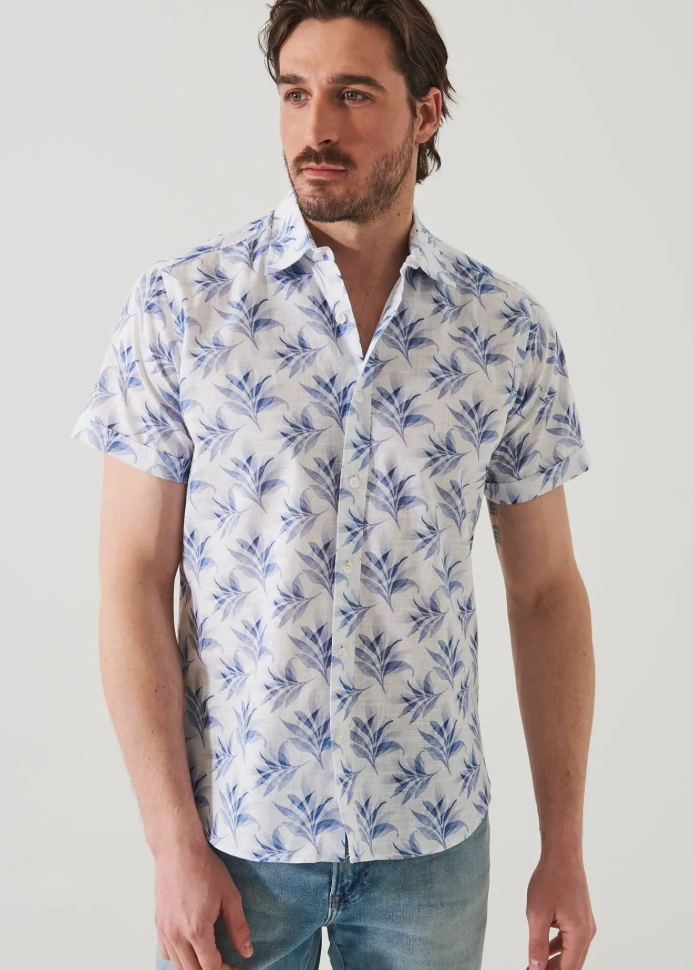 PATRICK ASSARAF Leaf Print Cotton Short Sleeve Shirt|Men Shirts