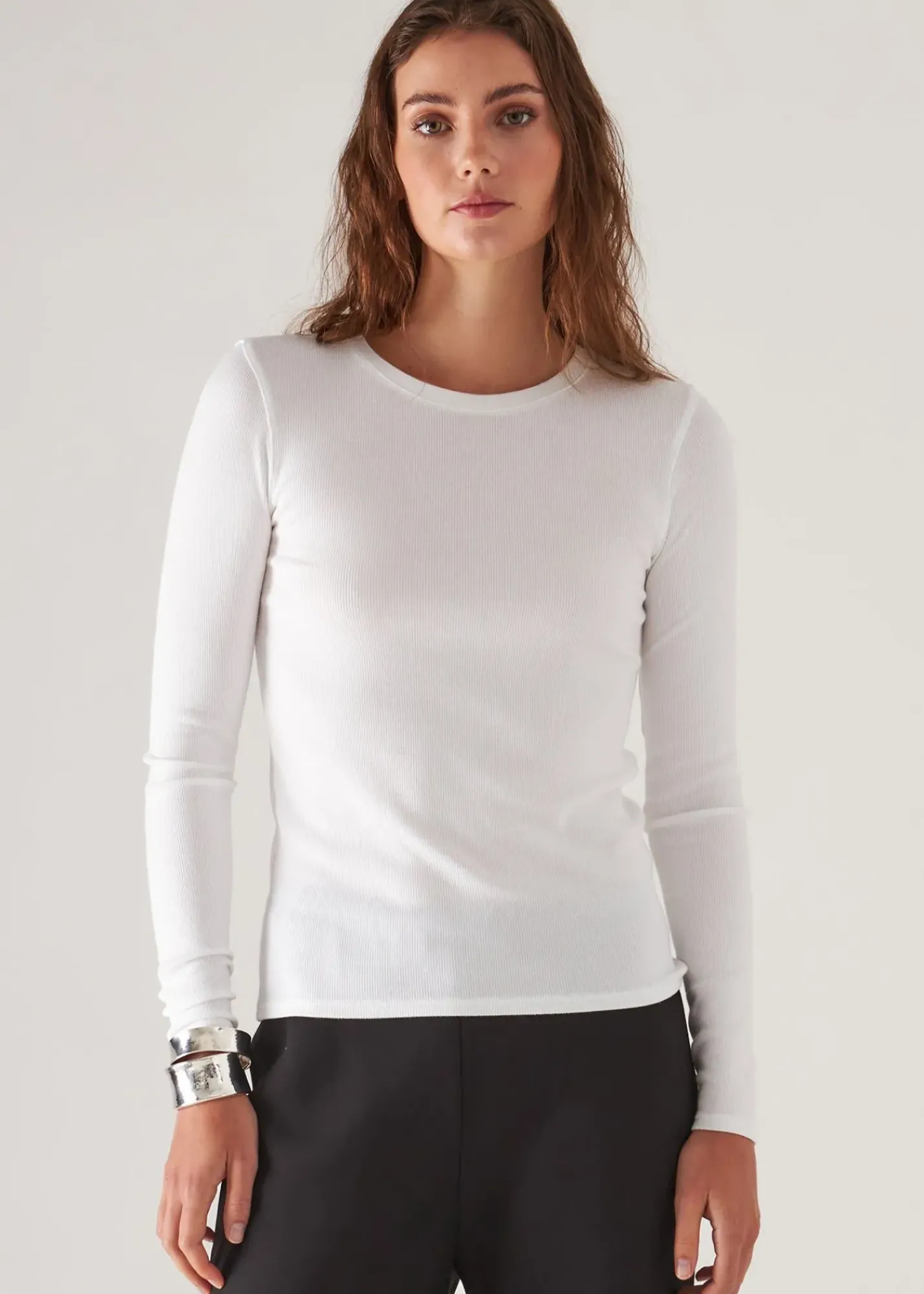 PATRICK ASSARAF Pima Cotton Stretch Ribbed Long Sleeve Crew Neck T-Shirt|Women T-Shirts