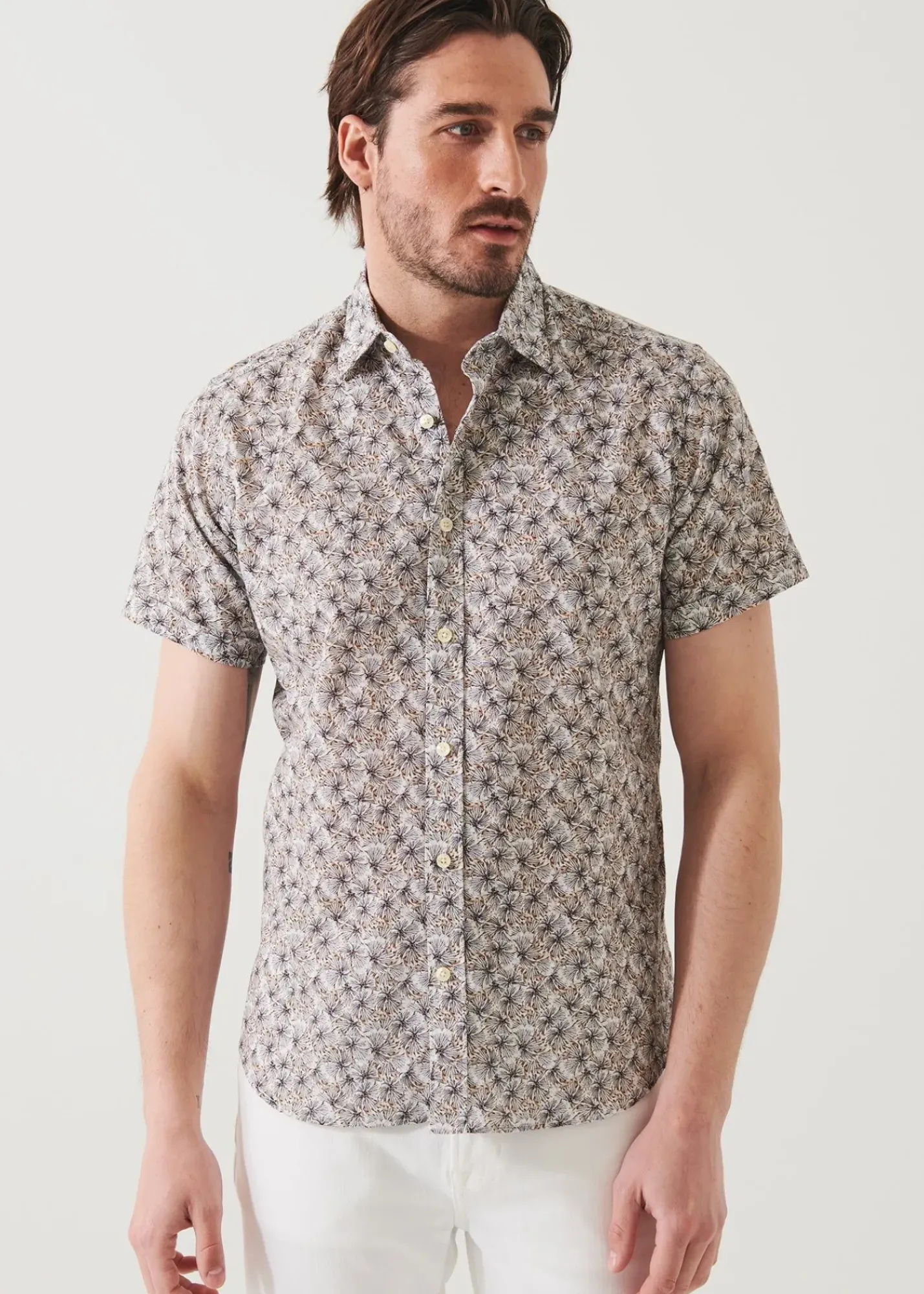 PATRICK ASSARAF Short Sleeve Leaf Print Cotton Button Up|Men Shirts